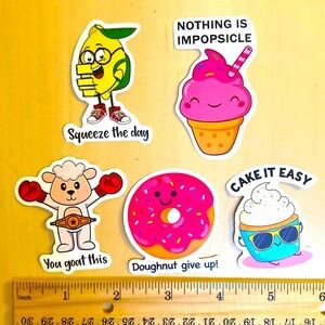 10/$10 or $1‎ BUNDLE: 5 Pun Fun Stickers: Encouragers! 🍋 🧁 🍩 WATERPROOF!